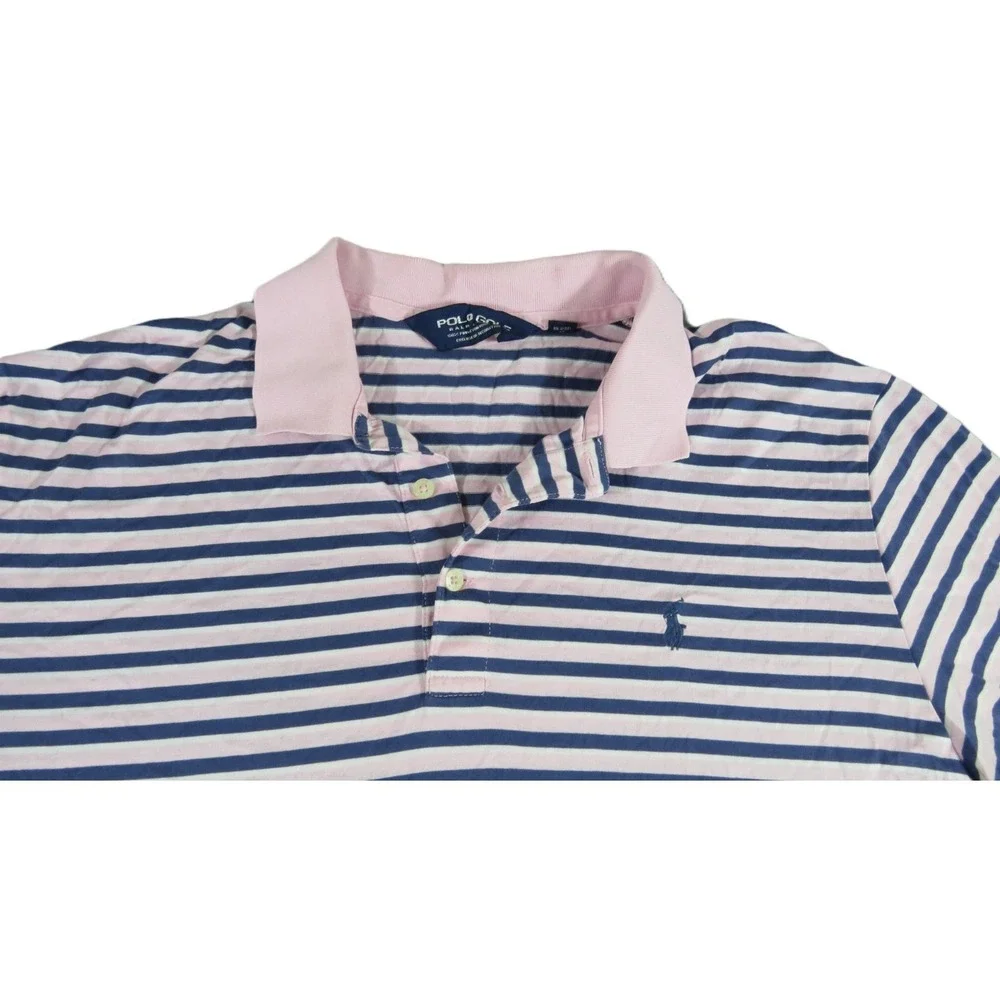 Polo Golf Ralph Lauren Shirt Men XL Pima Cotton Striped Pink Navy Blue Short